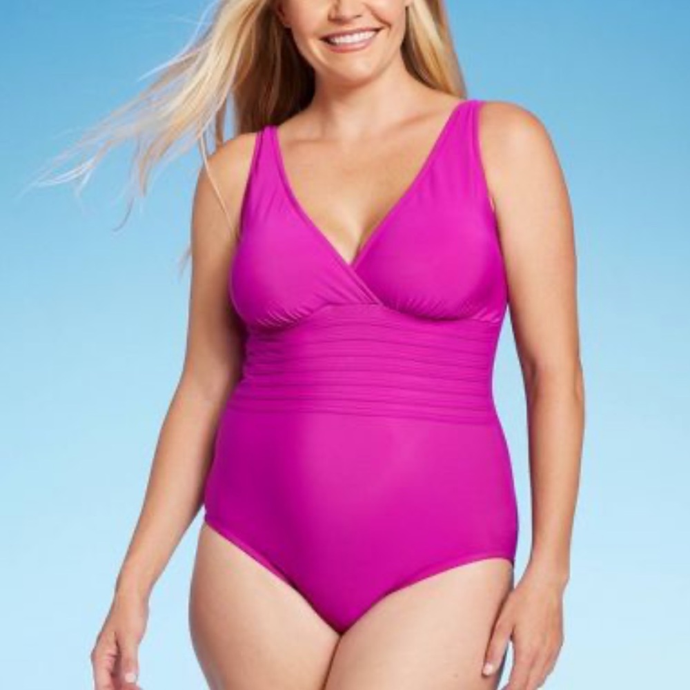 Aqua Green Pink One Piece Swimsuit V Neck Full Coverage UPF 50+ Women 18 NEW
